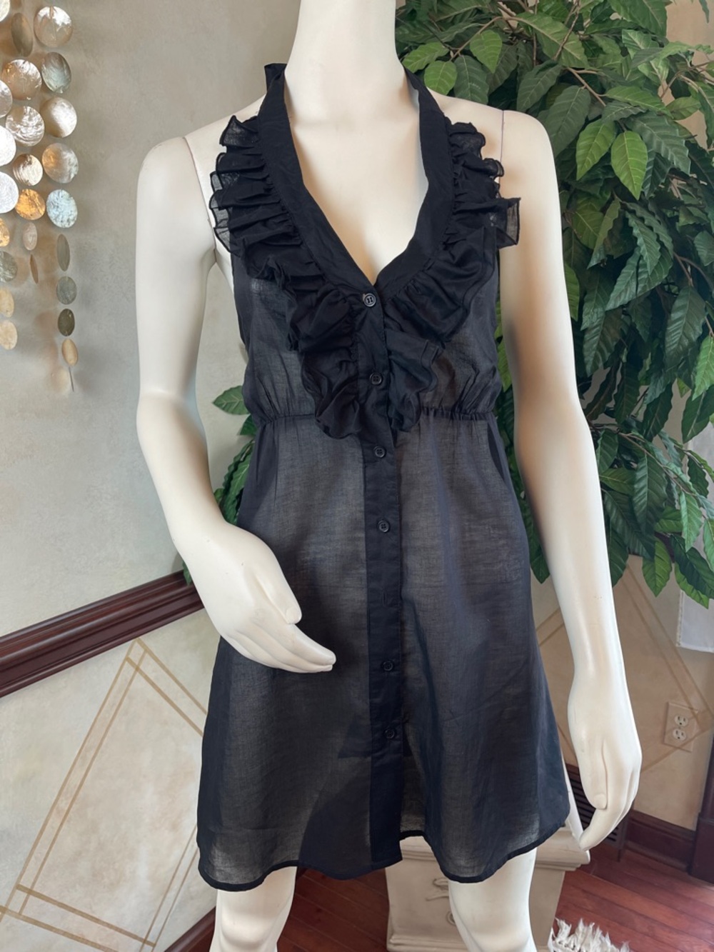 KENNETH COLE REACTION BLACK RUFFLE NECK HALTER BEACH COVERUP